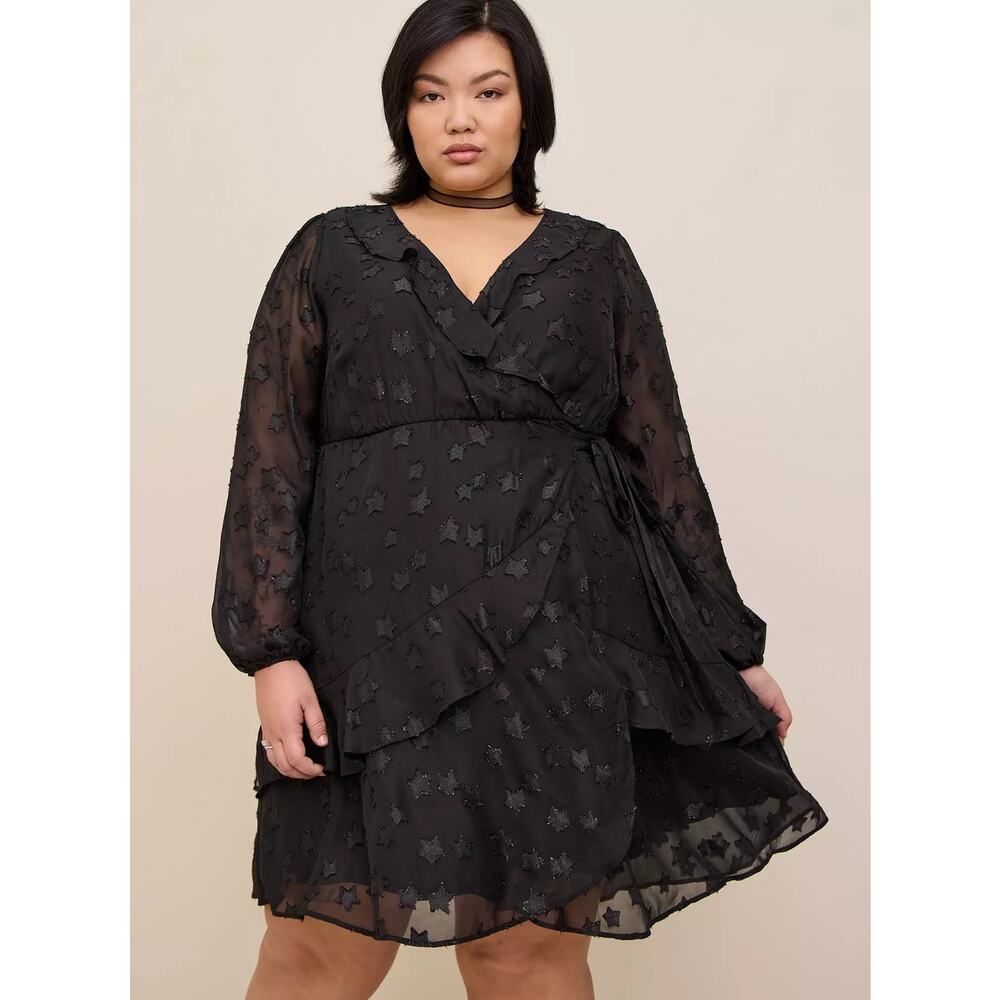 Torrid Women 12/L Clip Star Surplice Ruffle Mini Dress Sheer Tiered Dark Fairy